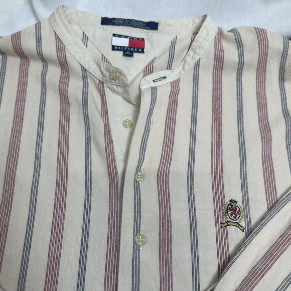Vintage Tommy Hilfiger Shirt Adult XL Beige Red Button Up Vertical Stripes Mens - Picture 4 of 8